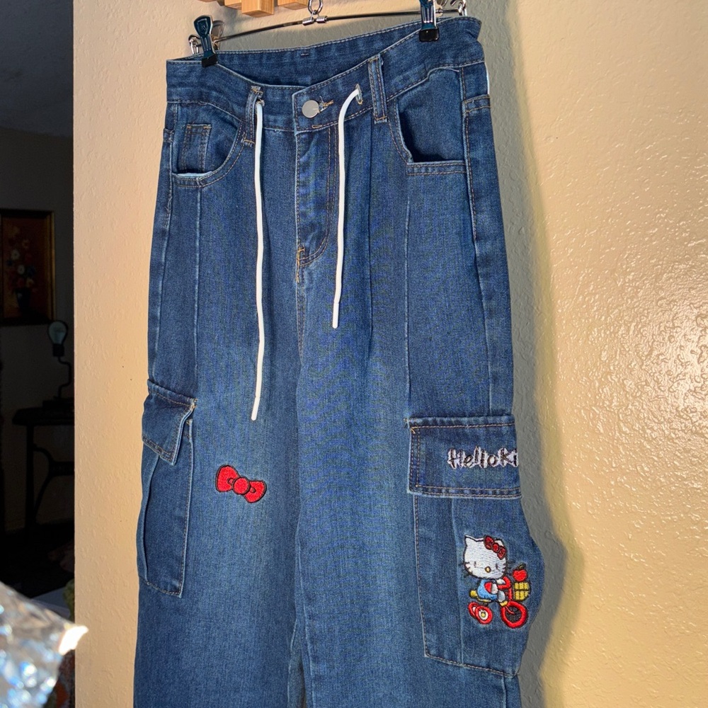Hello Kitty Dark Blue Wide Leg Cargo Jeans Pants with a bow patch on the right t